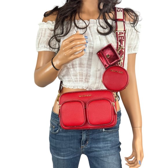 Michael Kors Jet Set Travel Medium Shoulder Crossbody Bag Tech Attached Red